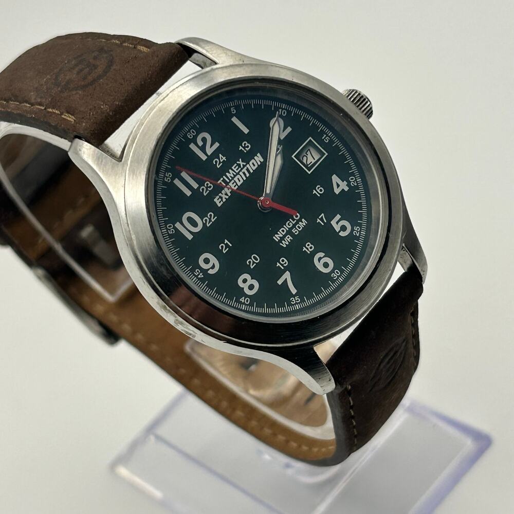 Timex Expedition T40051 Green Dial Brown Leather Band Men’s Watch New Battery